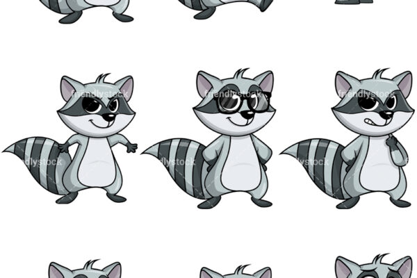 A collection of nine high-quality vector illustrations of a raccoon mascot character in various poses. The bundle includes the following cartoon clipart:

Angry Raccoon
Royalty-free stock illustration of a cute raccoon looking upset.

Crazy Raccoon
Royalty-free stock illustration of a cute raccoon with crazy eyes, sticking its tongue out while walking, trying to be funny.

Detective Raccoon
Royalty-free stock illustration of a cute raccoon dressed up like a detective looking for clues with a magnifying glass.

Evil Raccoon
Royalty-free stock illustration of a raccoon with an evil and cunning look on its face.

Raccoon With Glasses
Royalty-free stock illustration of a cute raccoon wearing glasses and looking nerdy.

Mean Raccoon
Royalty-free stock illustration of a raccoon clenching its feast, looking upset and angry.

Running Raccoon
Royalty-free stock illustration of a cute raccoon looking happy and smiling as it runs.

Sad Raccoon
Royalty-free stock illustration of a cute raccoon sitting on its butt and looking upset and disappointed.

Scared Raccoon
Royalty-free stock illustration of a frightened raccoon with its mouth wide open in shock.